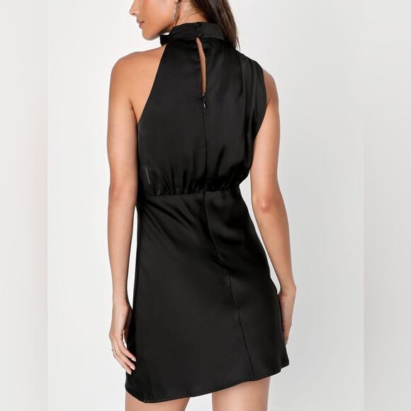 Lulus Modern Instinct Black Satin Mock Neck A-Line Mini Dress Women’s Sz S - Picture 5 of 8